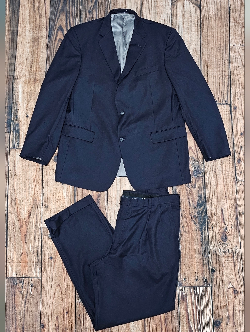 Hart Schaffner Marx Suit Set Men's Size 46L Pants Size 40x32 Cuffed Navy Preppy